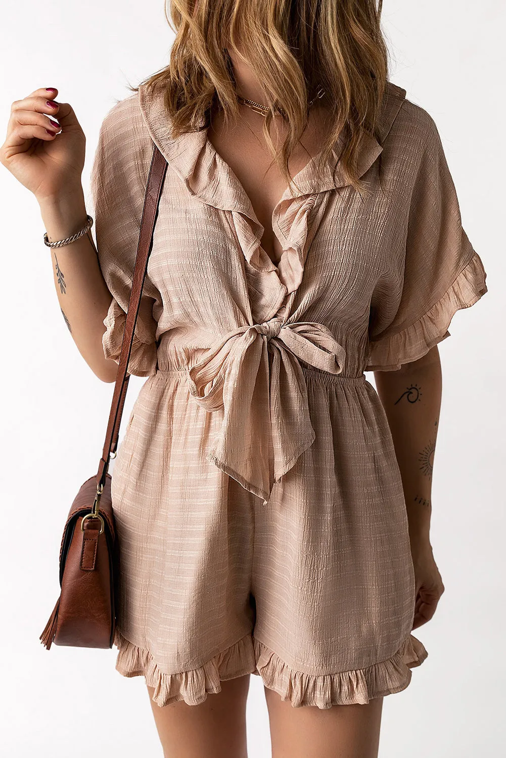 Striped Tie Detail Ruffled Romper with Pockets