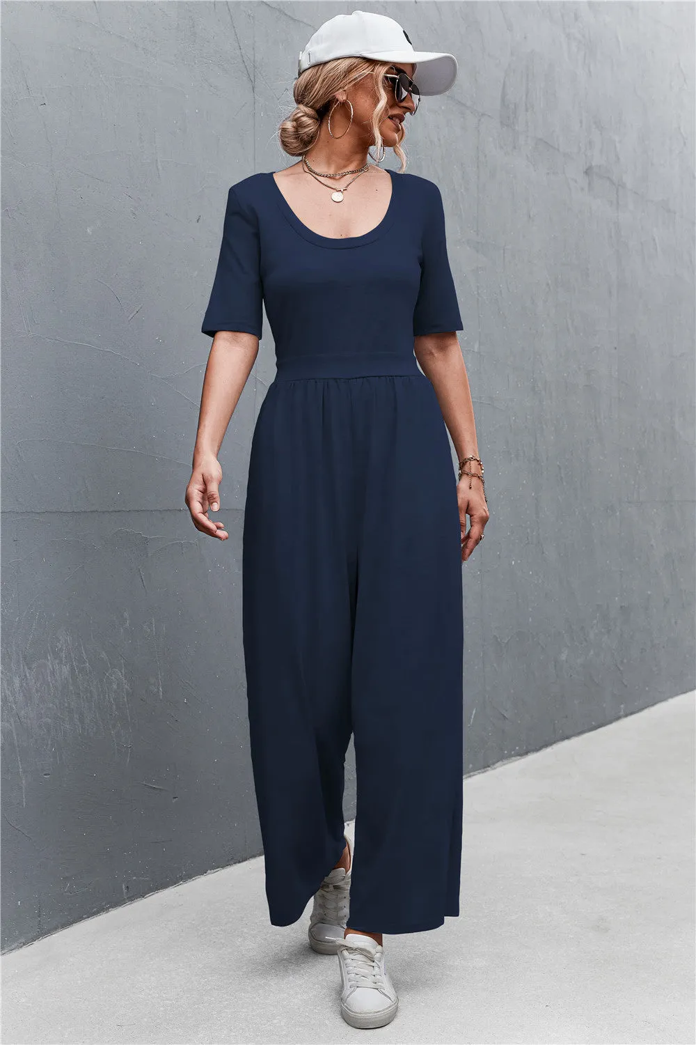 Sunset and Swim Scoop Neck Half Sleeve Wide Leg Jumpsuit