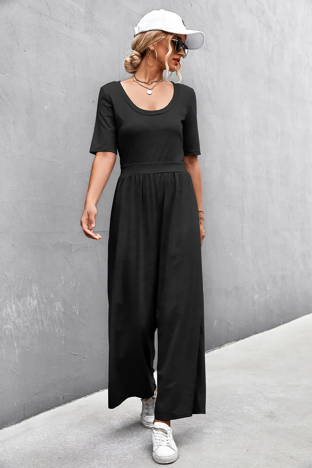 Sunset and Swim Scoop Neck Half Sleeve Wide Leg Jumpsuit