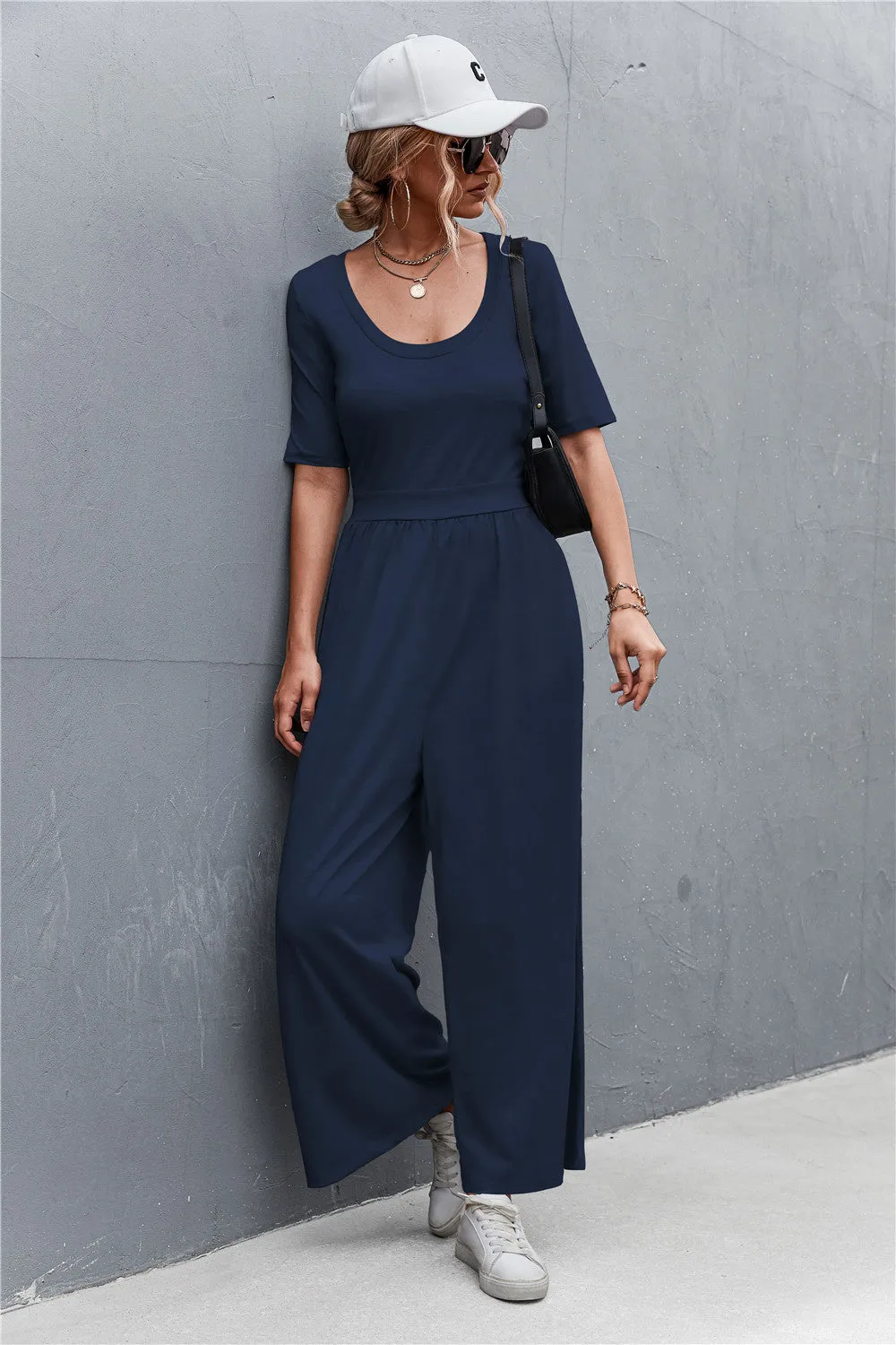 Sunset and Swim Scoop Neck Half Sleeve Wide Leg Jumpsuit