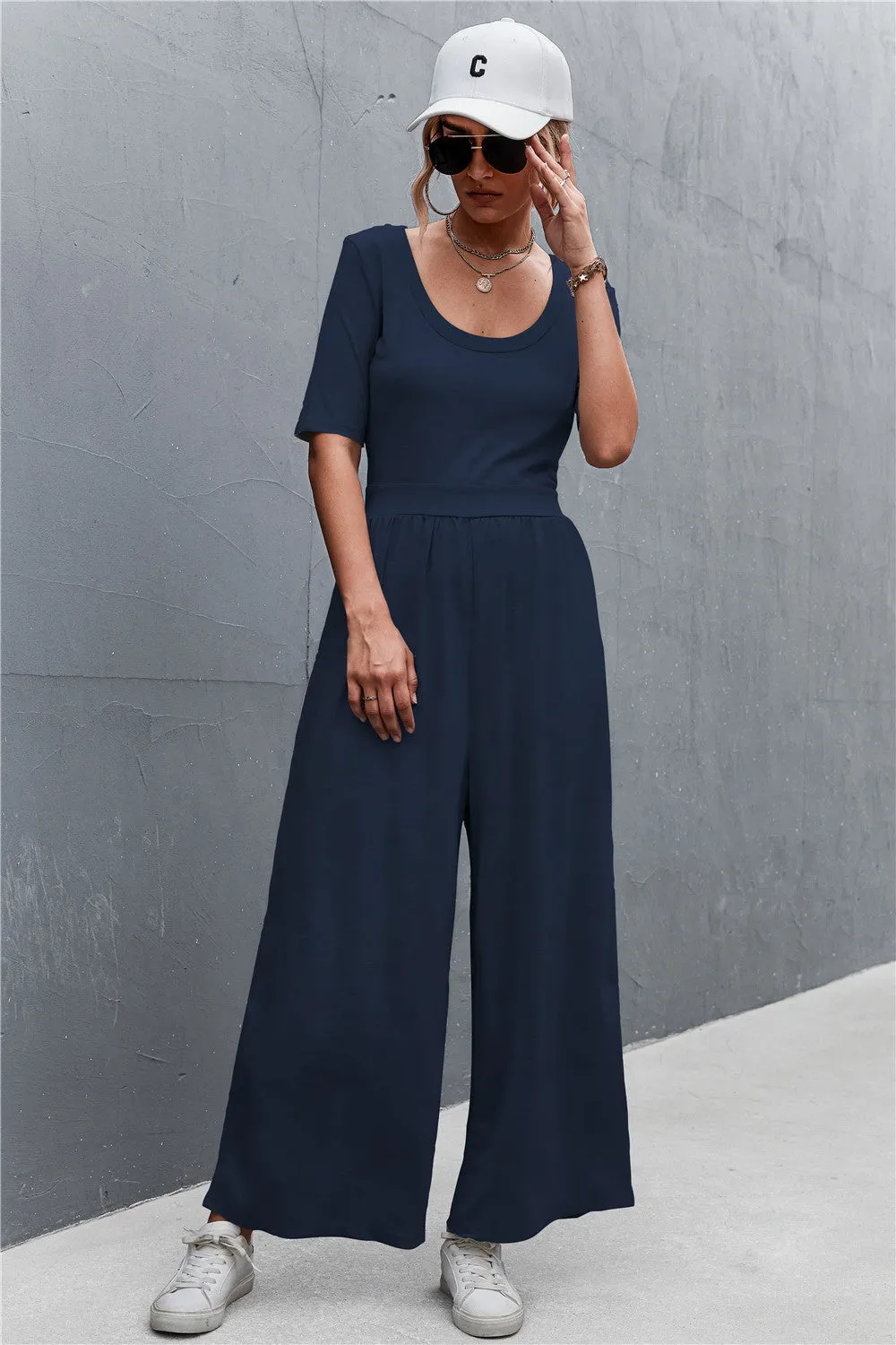 Sunset and Swim Scoop Neck Half Sleeve Wide Leg Jumpsuit