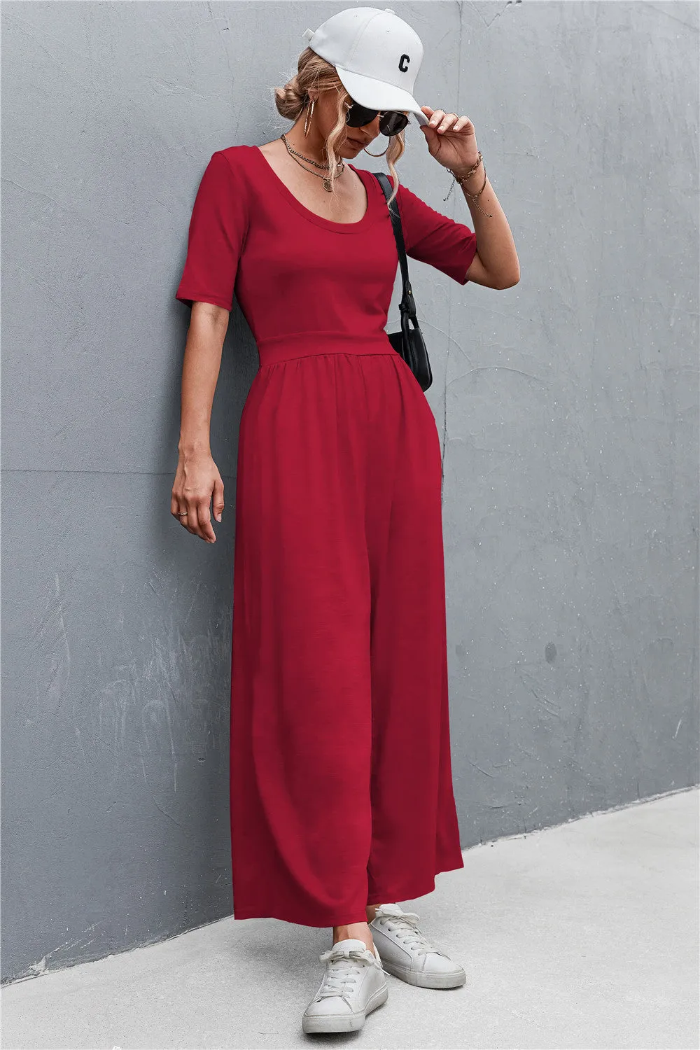 Sunset and Swim Scoop Neck Half Sleeve Wide Leg Jumpsuit