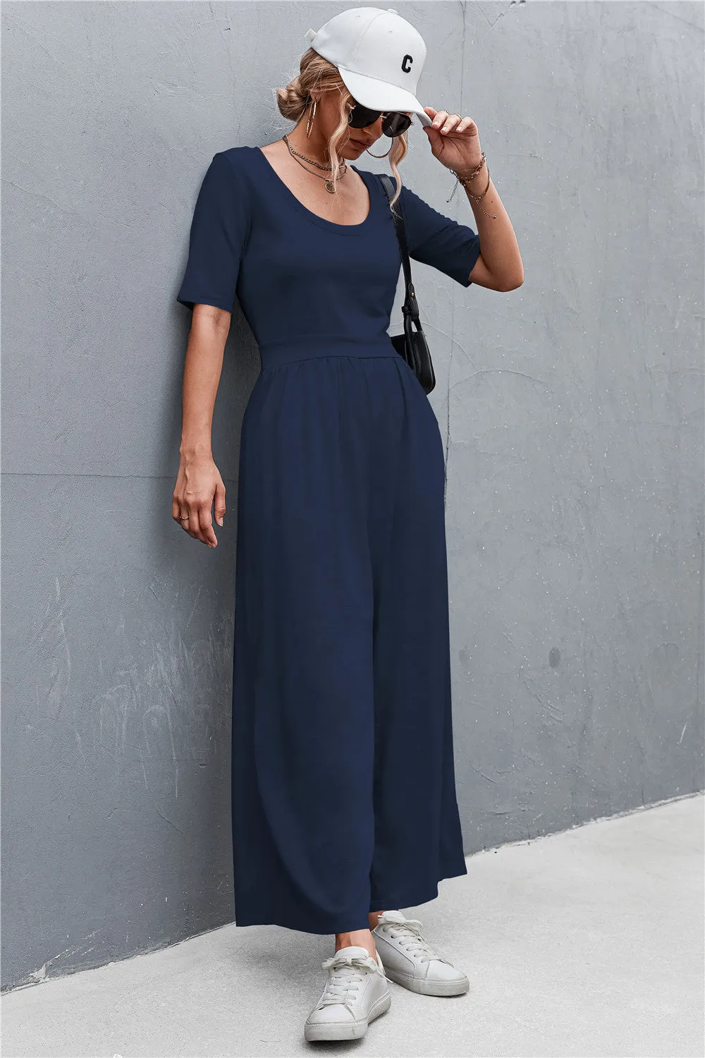 Sunset and Swim Scoop Neck Half Sleeve Wide Leg Jumpsuit