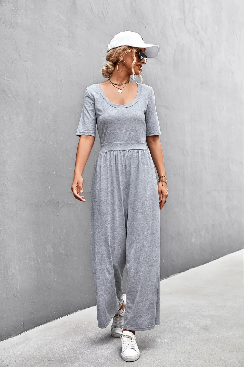 Sunset and Swim Scoop Neck Half Sleeve Wide Leg Jumpsuit