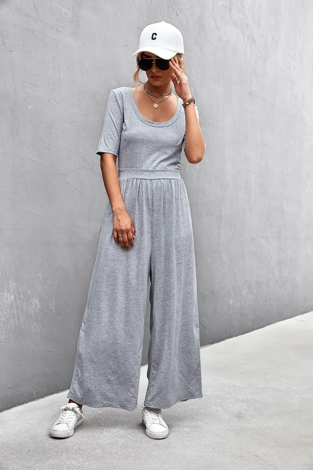 Sunset and Swim Scoop Neck Half Sleeve Wide Leg Jumpsuit