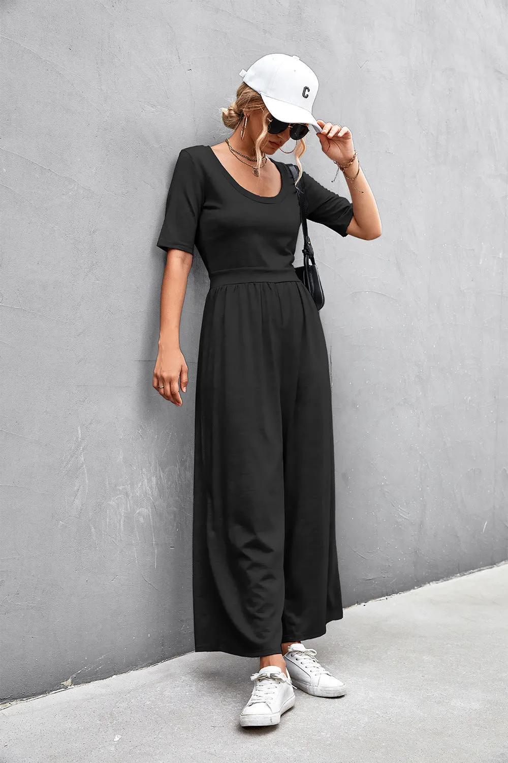 Sunset and Swim Scoop Neck Half Sleeve Wide Leg Jumpsuit