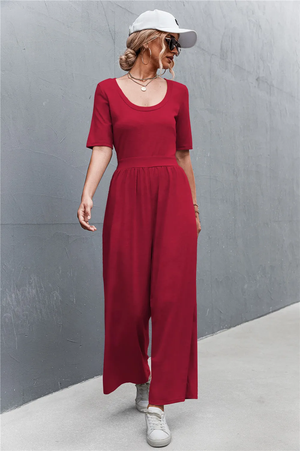 Sunset and Swim Scoop Neck Half Sleeve Wide Leg Jumpsuit