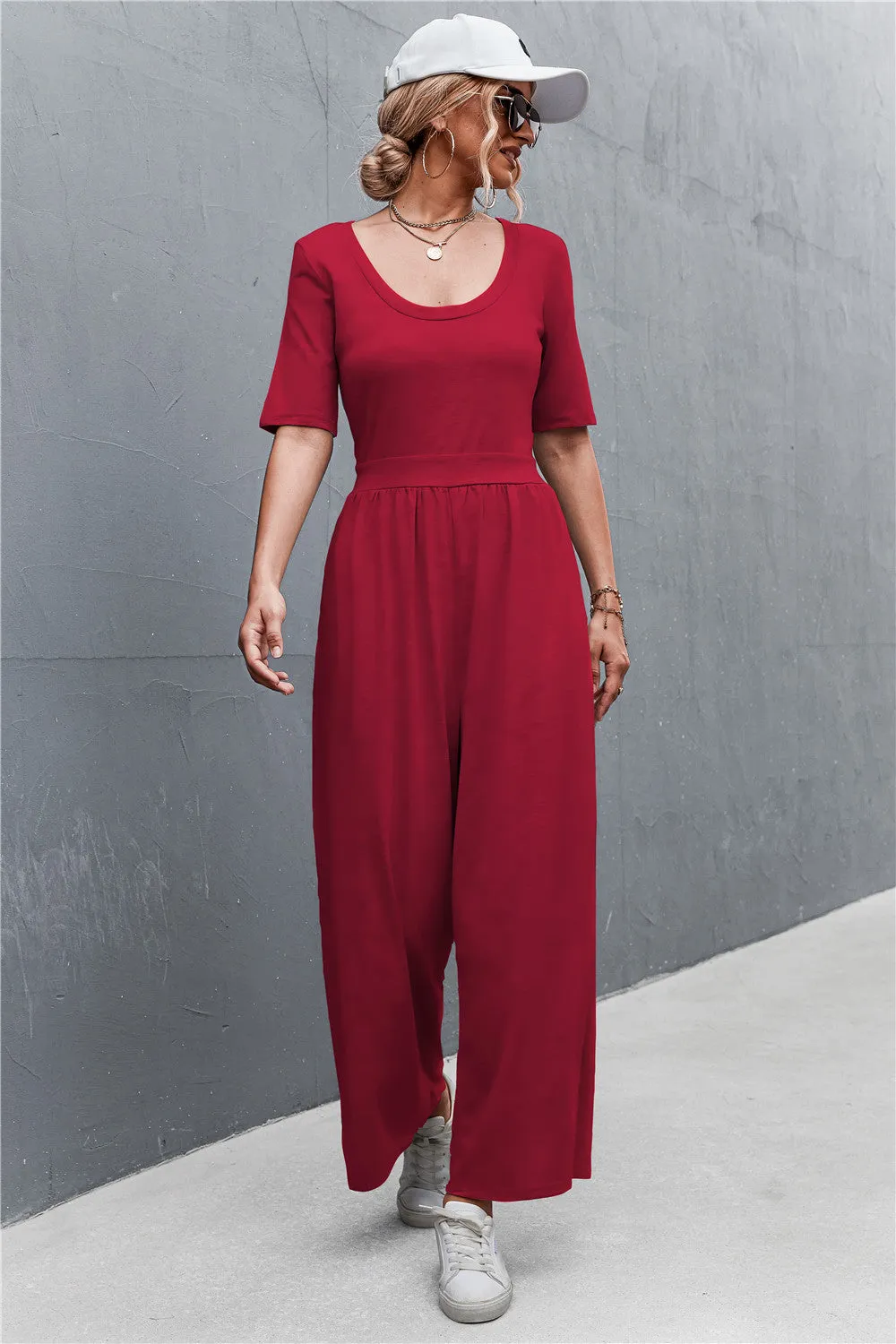 Sunset and Swim Scoop Neck Half Sleeve Wide Leg Jumpsuit