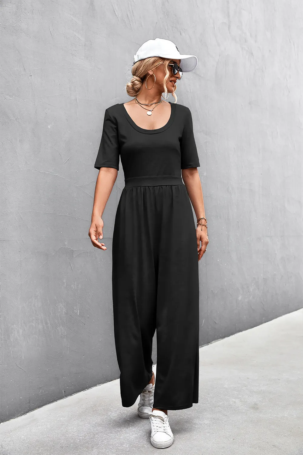 Sunset and Swim Scoop Neck Half Sleeve Wide Leg Jumpsuit