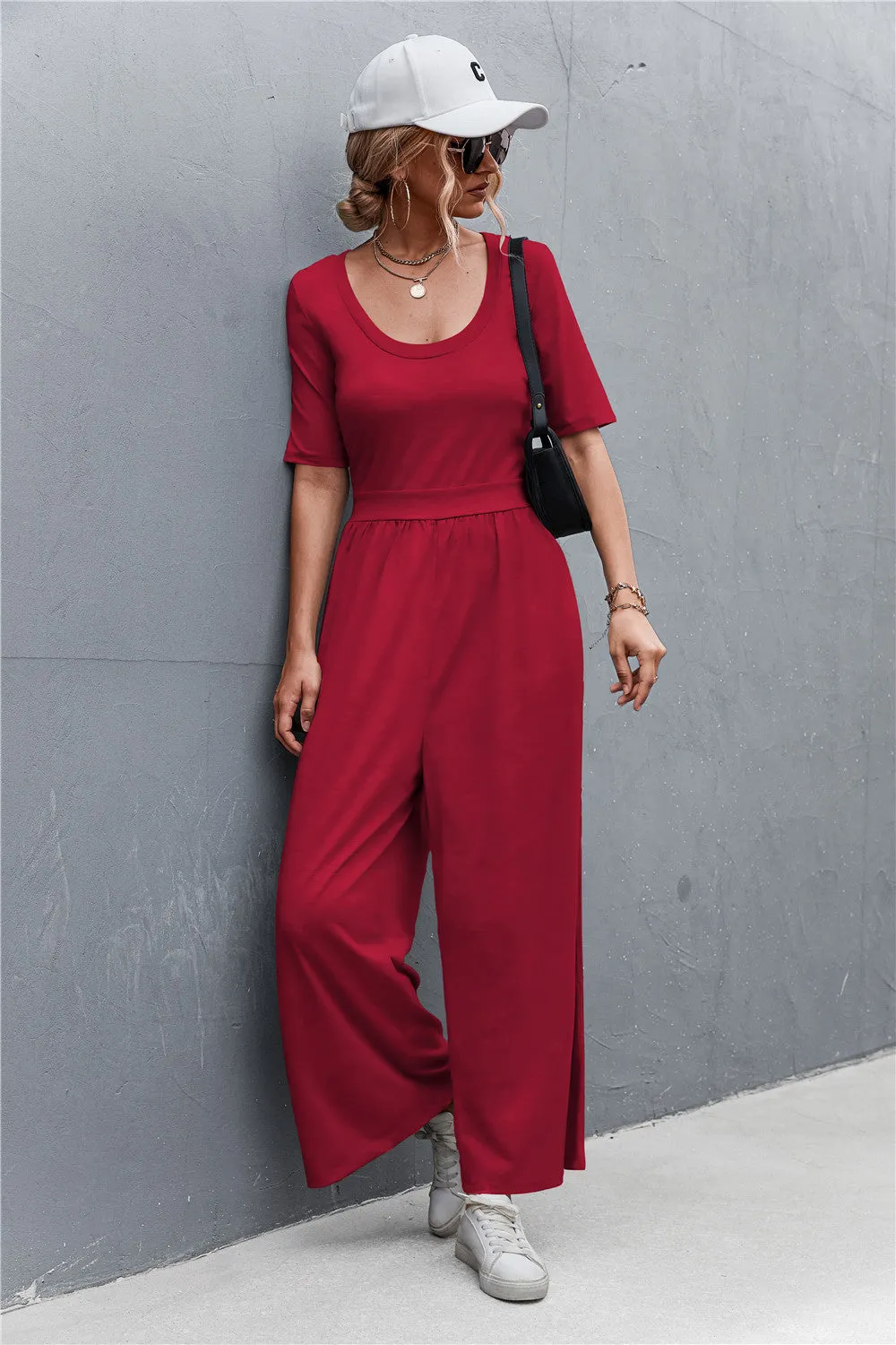 Sunset and Swim Scoop Neck Half Sleeve Wide Leg Jumpsuit