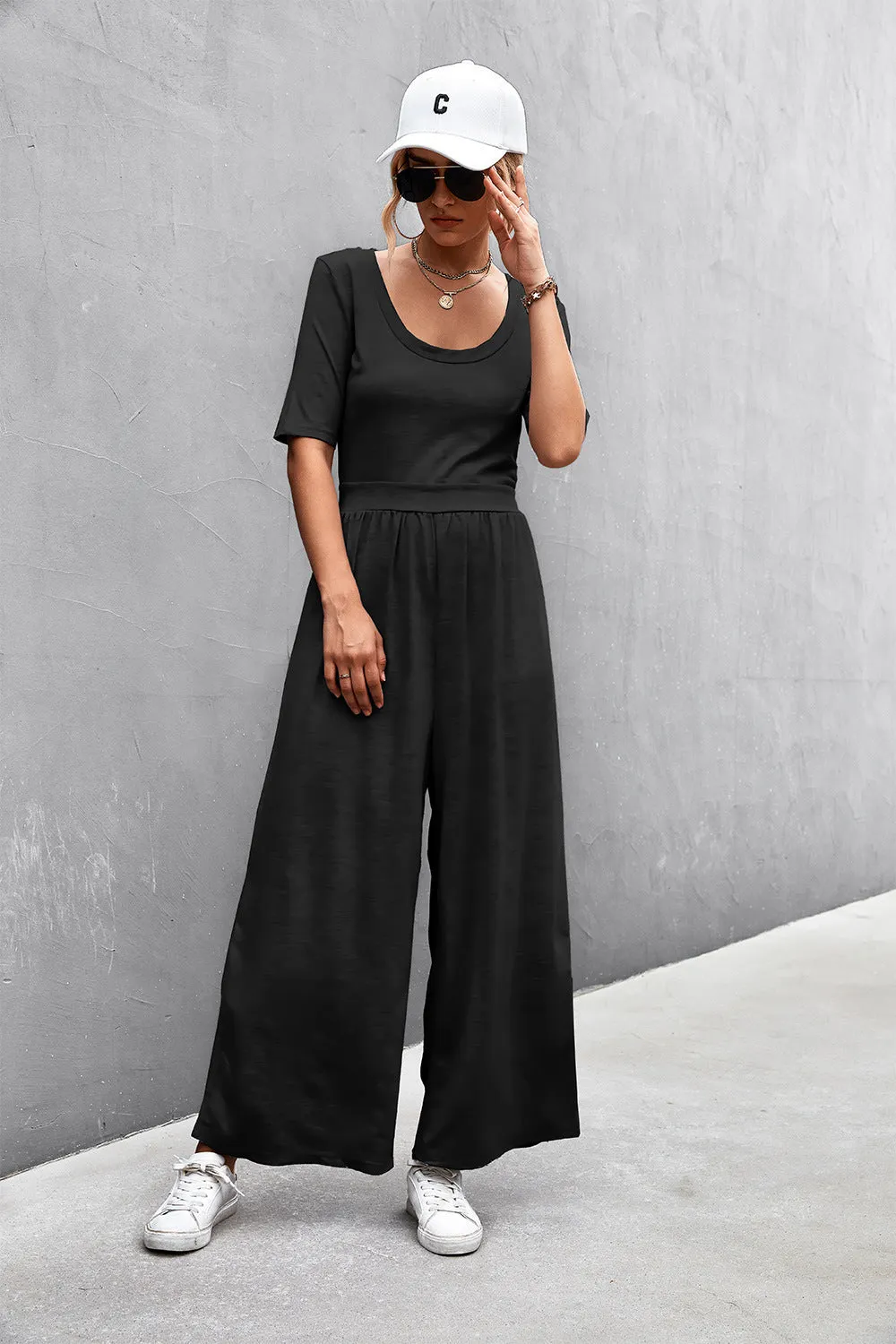 Sunset and Swim Scoop Neck Half Sleeve Wide Leg Jumpsuit