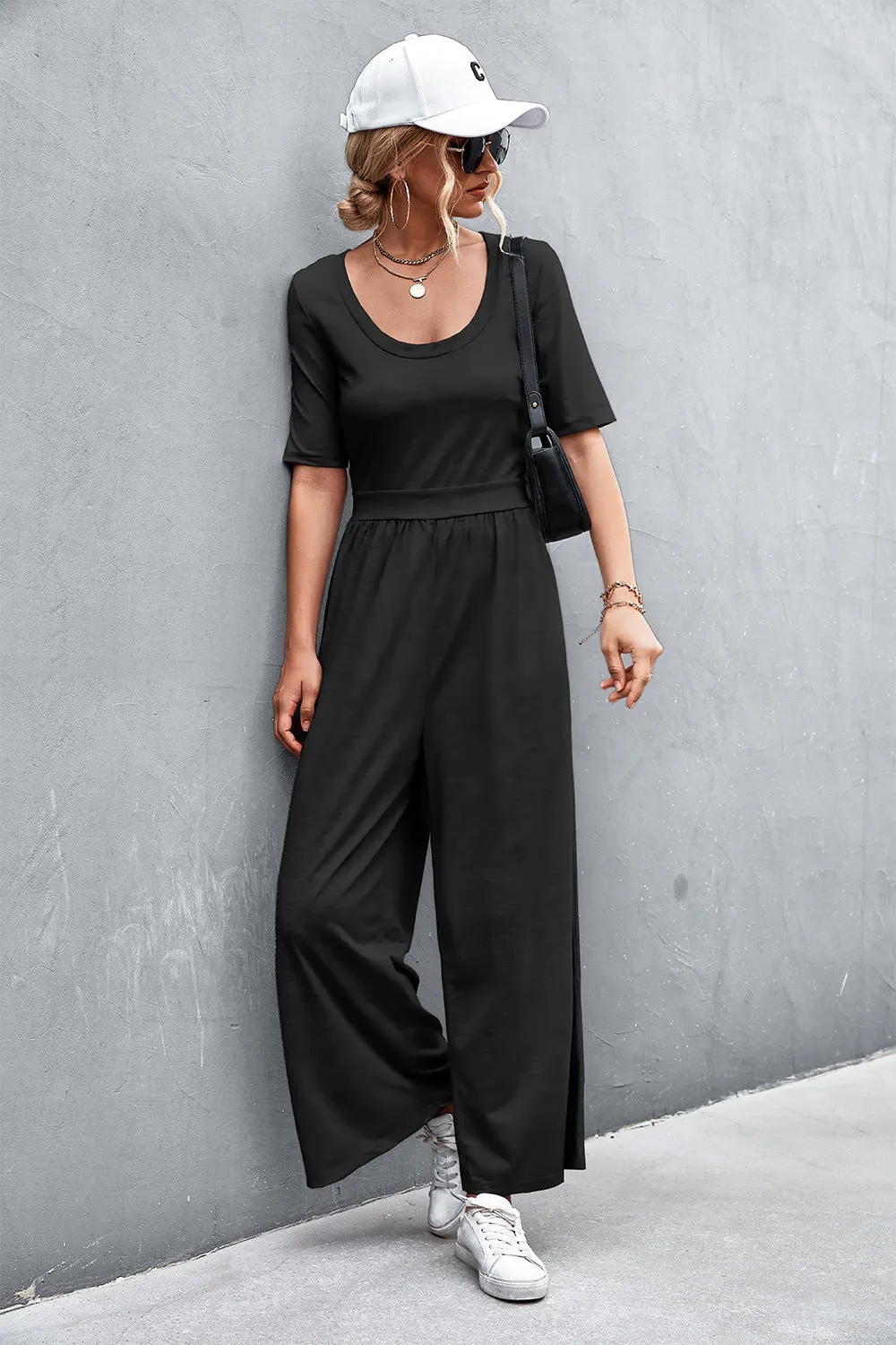 Sunset and Swim Scoop Neck Half Sleeve Wide Leg Jumpsuit