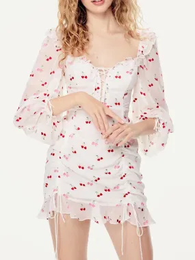 Sweet Girl Cherry Drawstring Falbala Long Sleeve Dress