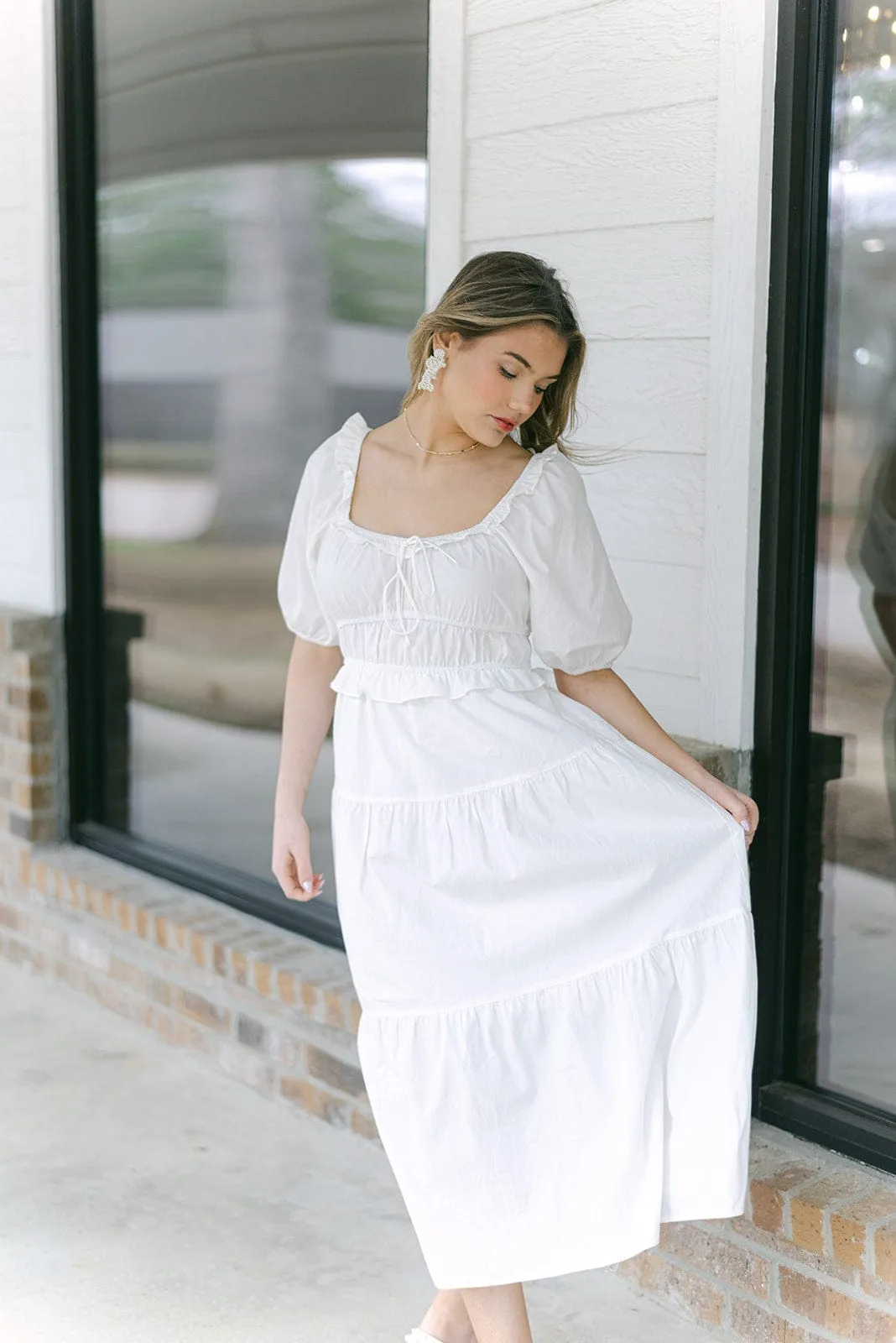 White Puff Sleeve Midi Dress