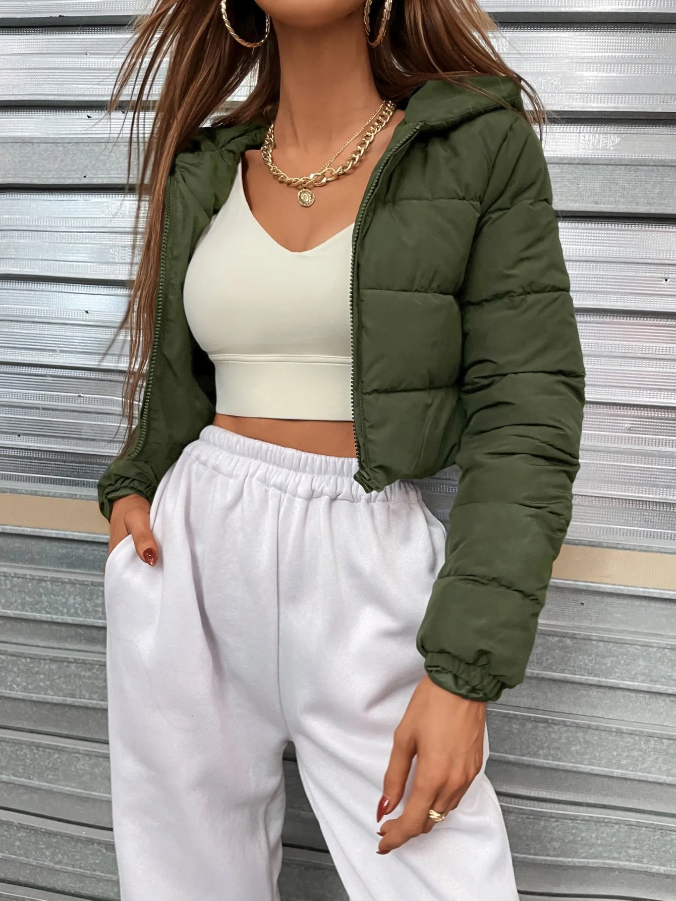 Zip Up Hooded Crop Puffer Coat